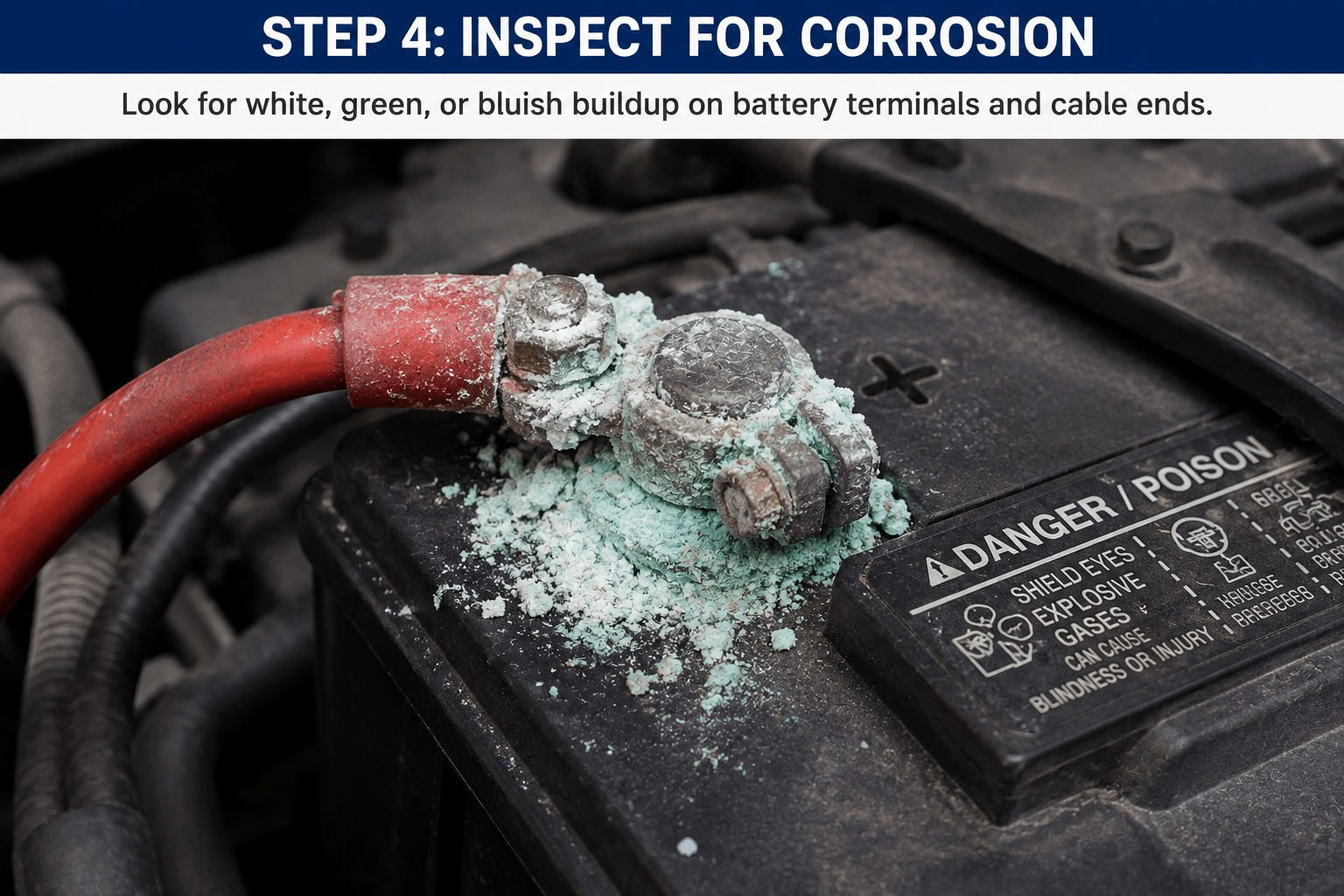 Corroded car battery terminal with white and green buildup during car electrical system diagnostics.