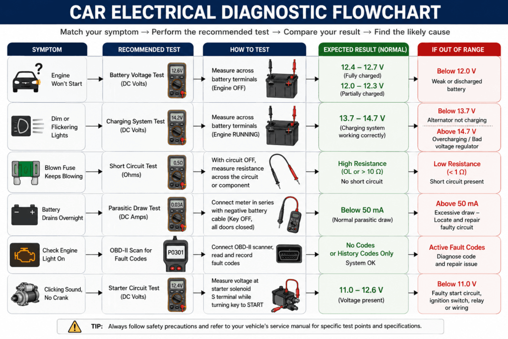 Car electrical diagnostic flowchart connecting common electrical symptoms to recommended tests and expected results for electrical system diagnosis.