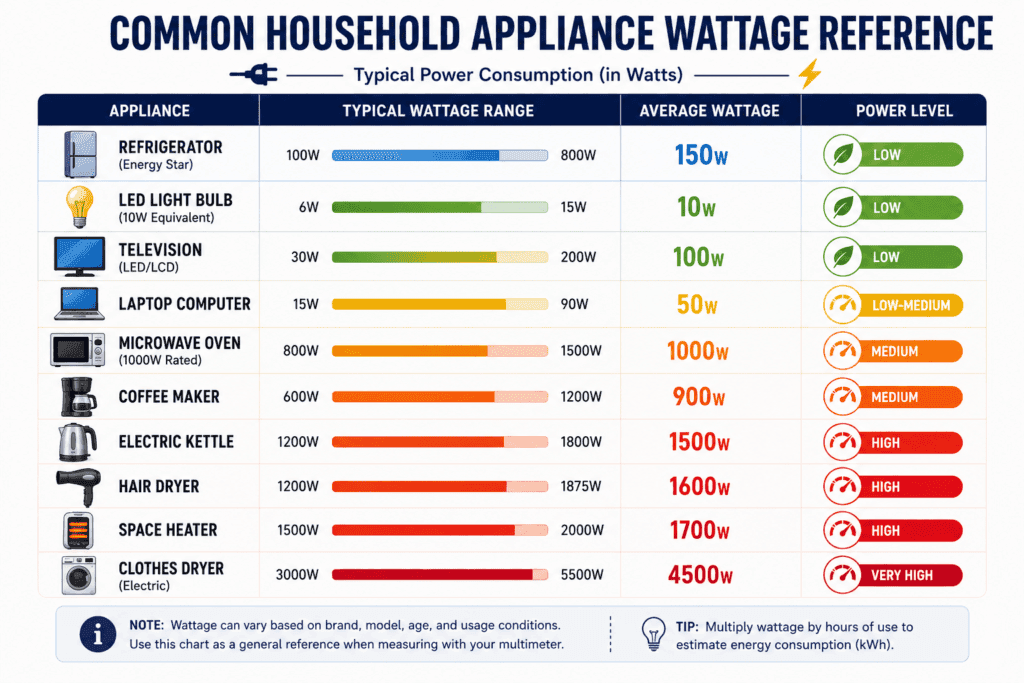 Common household appliance wattage chart showing typical power consumption ranges for refrigerators, LED bulbs, TVs, laptops, microwaves, coffee makers, electric kettles, hair dryers, space heaters, and clothes dryers.