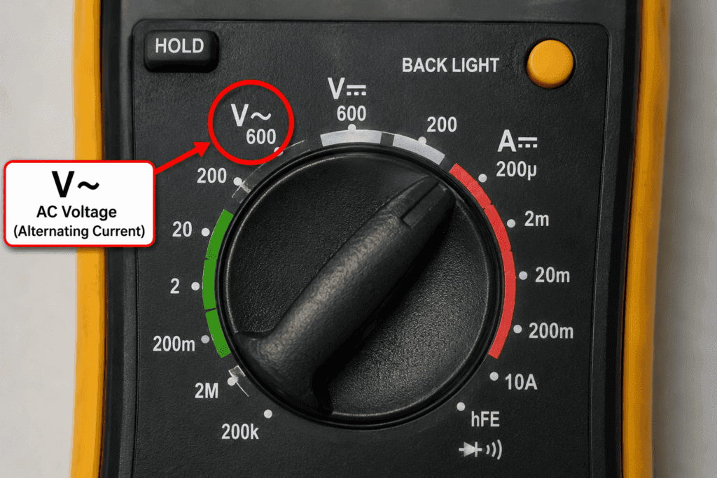 Close-up of a digital multimeter dial showing the V~ AC voltage symbol highlighted for AC voltage measurement.