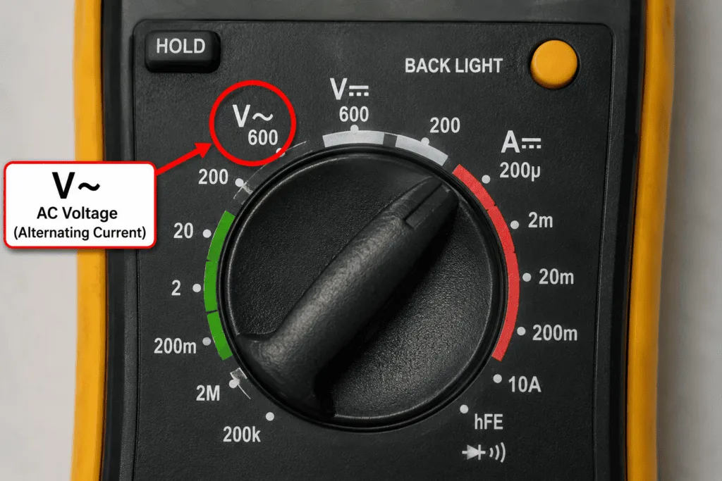 Close-up of a digital multimeter dial showing the V~ AC voltage symbol highlighted for AC voltage measurement.
