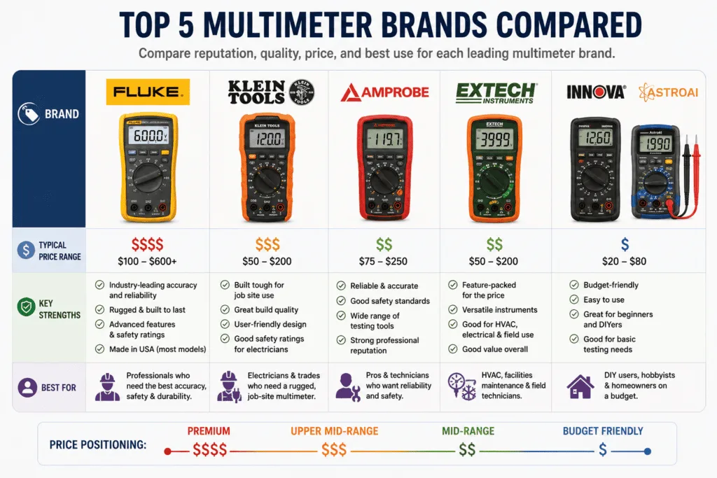 Multimeter brand comparison chart featuring Fluke, Klein Tools, Amprobe, Extech, Innova, and AstroAI with typical price ranges, key features, and recommended users.