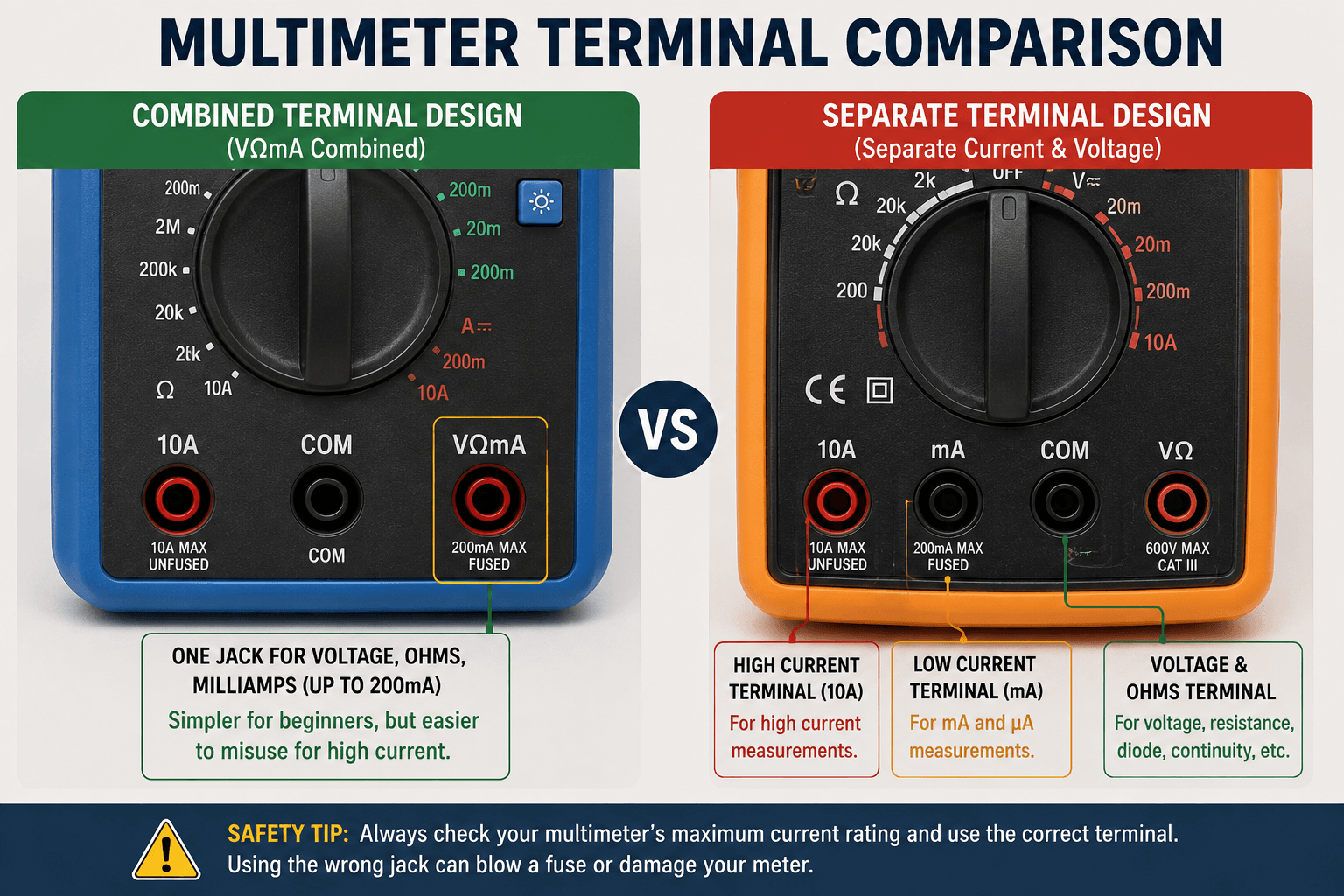 Comparison of multimeter with combined VΩmA terminal versus separate current and voltage terminals