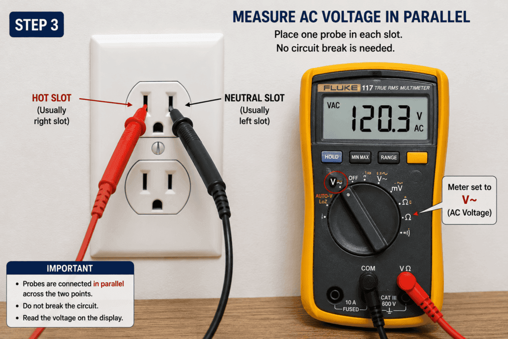 Digital multimeter measuring AC voltage with red probe in the hot outlet slot and black probe in the neutral slot.