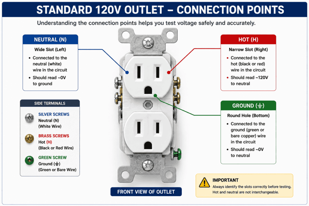 Labeled diagram of a standard 120V electrical outlet showing hot, neutral, and ground slot positions and connection points.