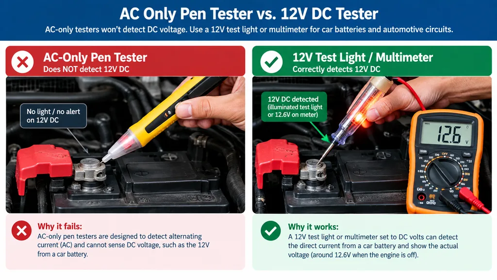 Comparison of AC-only voltage tester and 12V DC tester showing correct testing of a car battery terminal