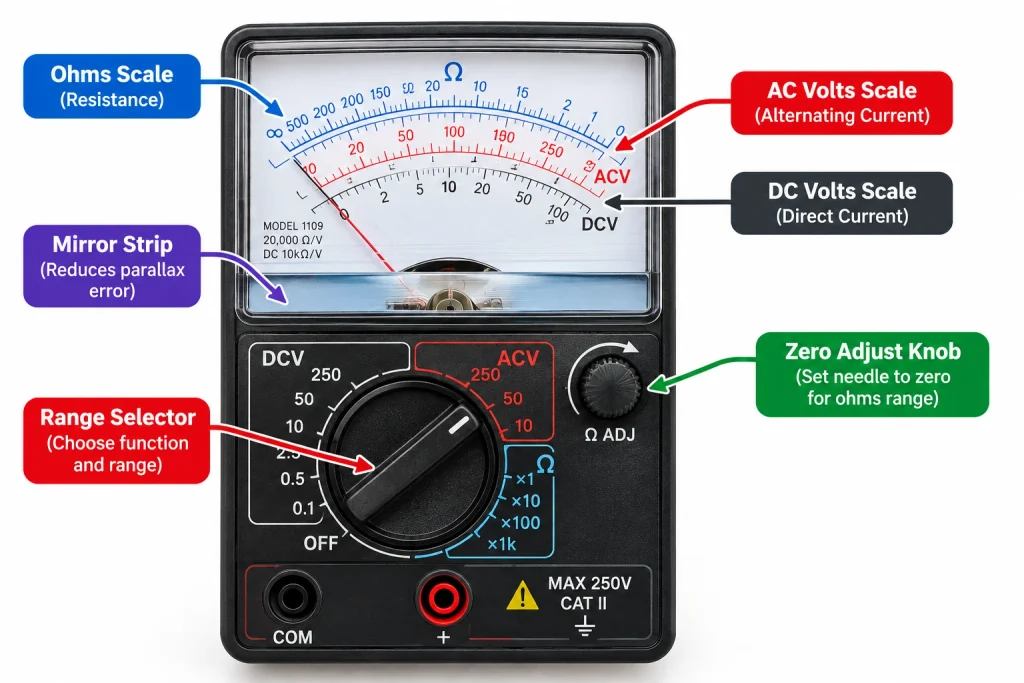 Labeled analog multimeter face showing DC volts, AC volts, and ohms scales, range selector, zero adjust knob, and mirror strip