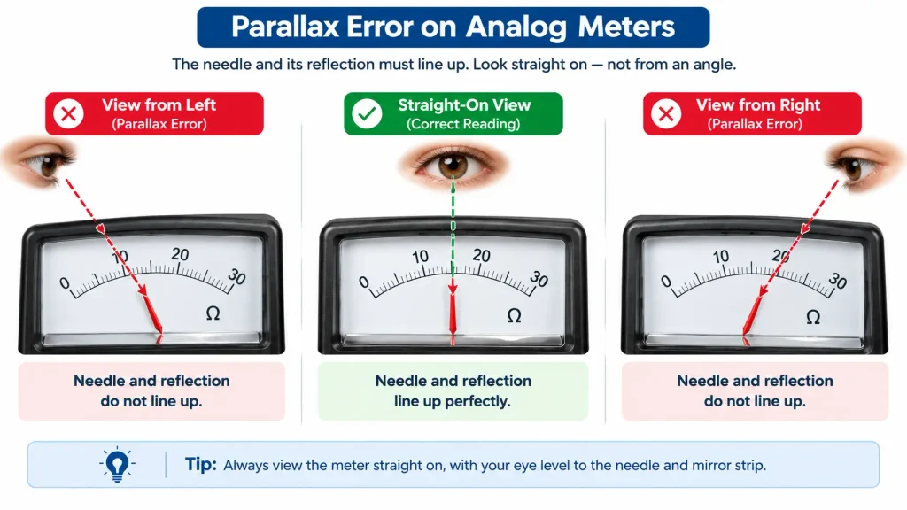 Analog multimeter parallax error showing incorrect angled views and correct straight-on eye position where the needle covers its mirror reflection