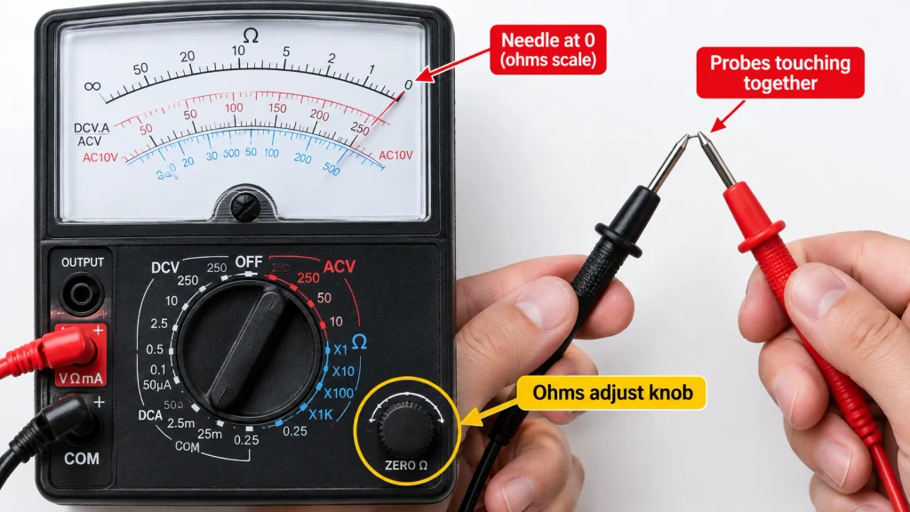 Analog ohmmeter needle at zero on the right side with probes touching and ohms adjust knob highlighted