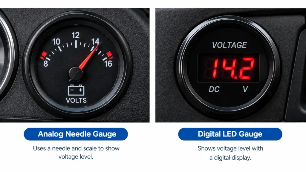 Side by side comparison of analog needle automotive voltage gauge and digital LED voltage gauge