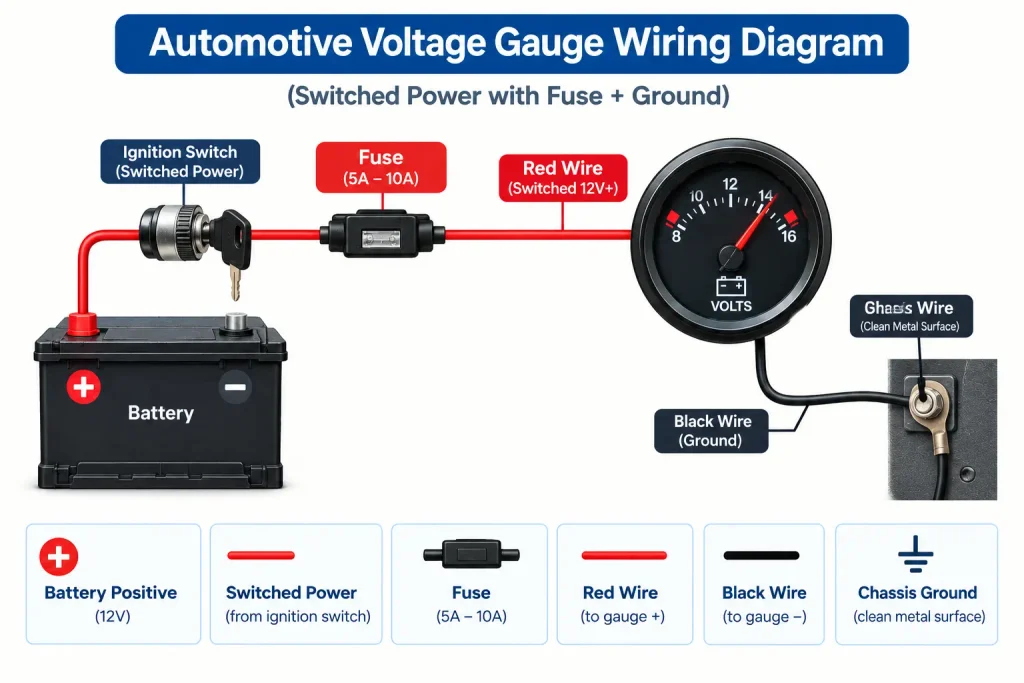 Automotive voltage gauge wiring diagram showing battery, ignition switch, fuse, and chassis ground connections