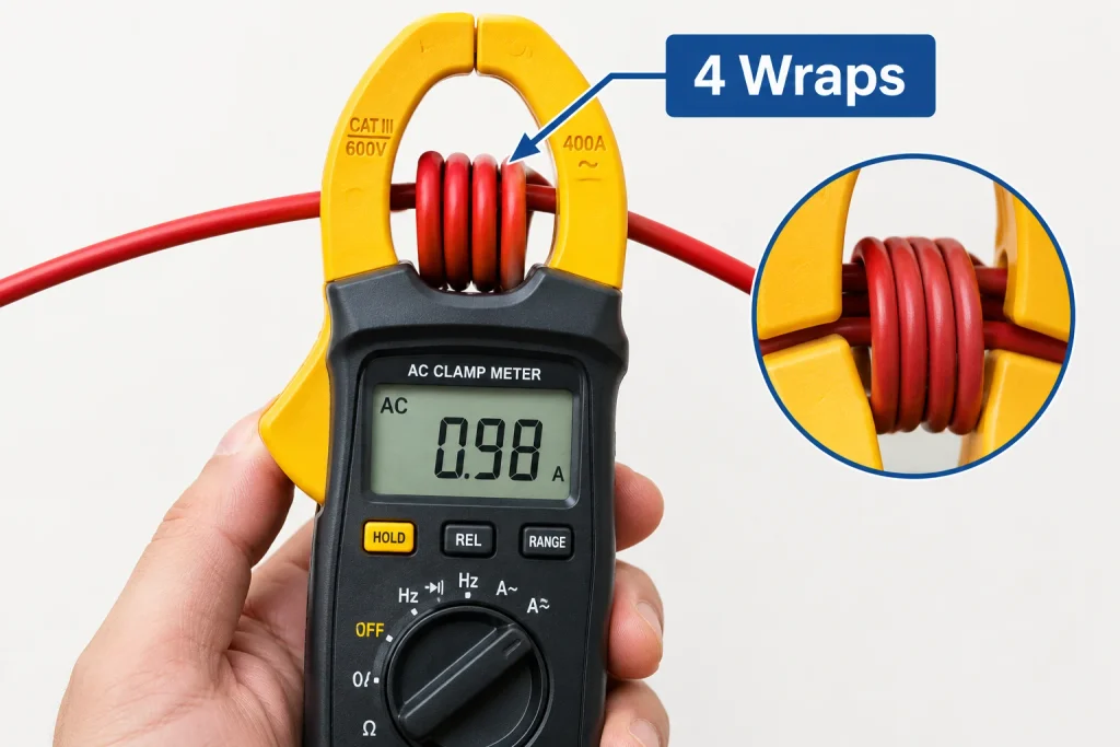 Wire wrapped four times through clamp meter jaws to improve low current measurement accuracy