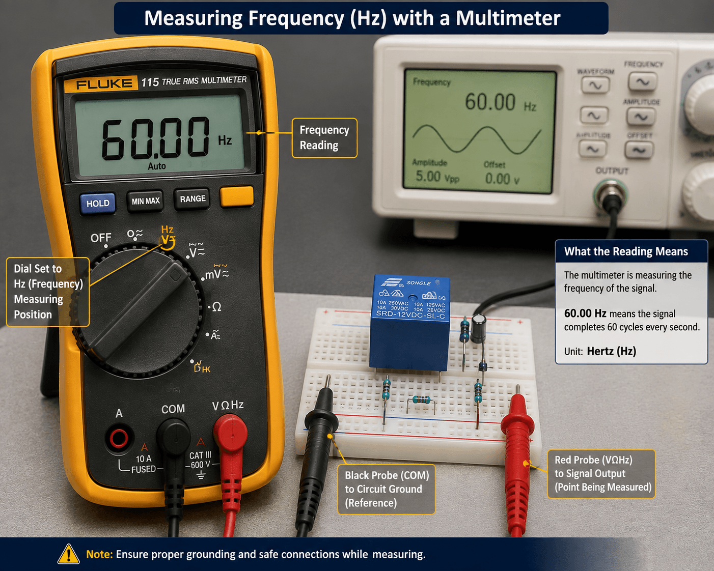 Multimeter probes connected to a circuit measuring frequency with a 60 Hz reading displayed
