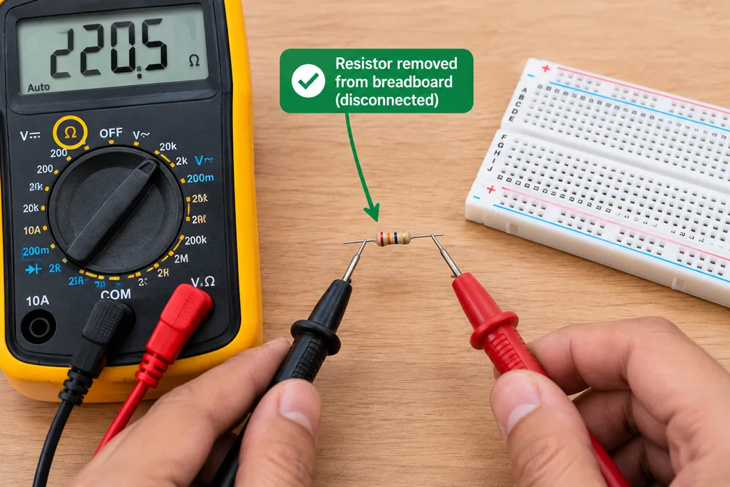 Multimeter probes connected to a resistor removed from a breadboard for accurate resistance measurement