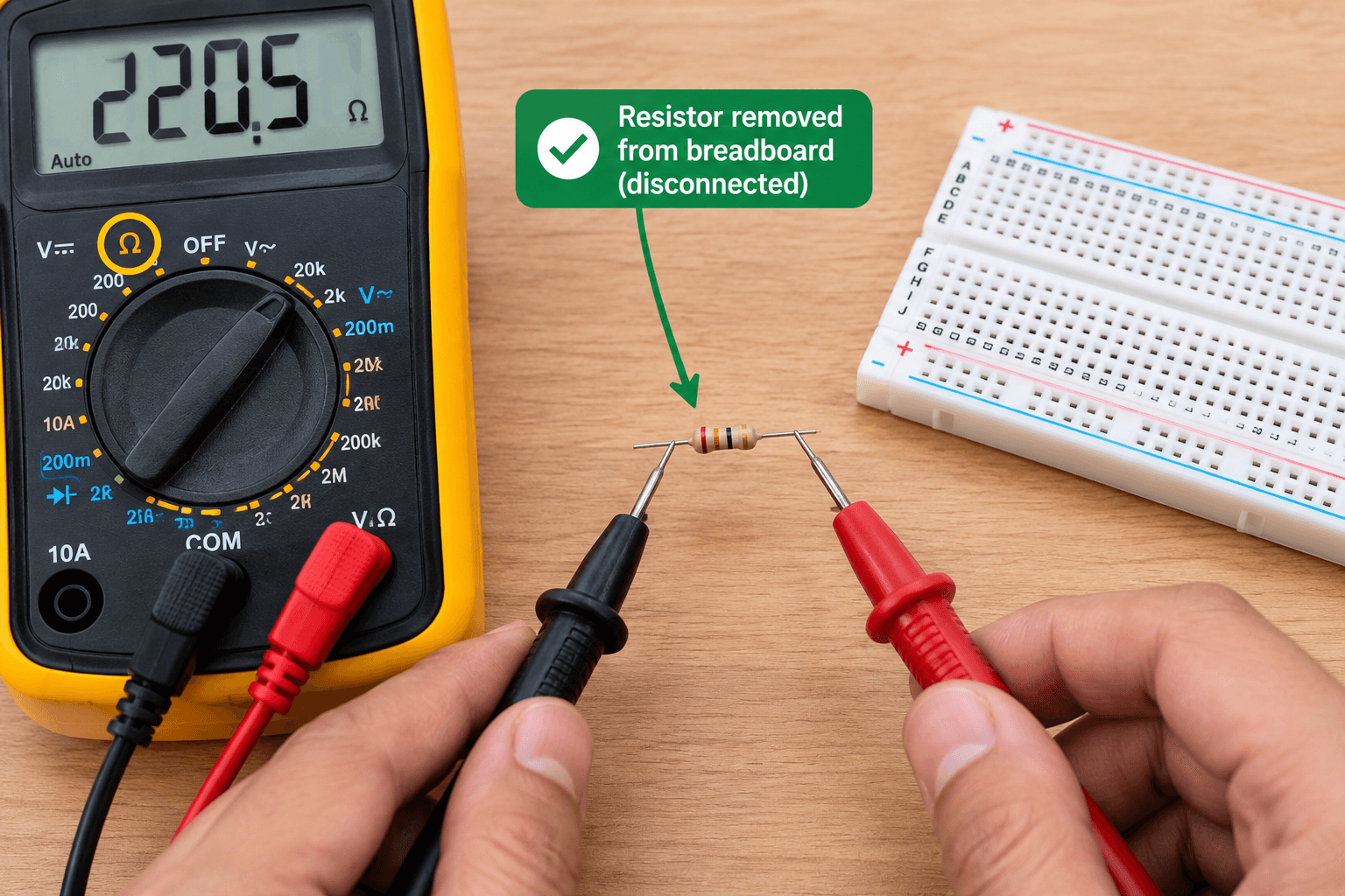 Multimeter probes connected to a resistor removed from a breadboard for accurate resistance measurement
