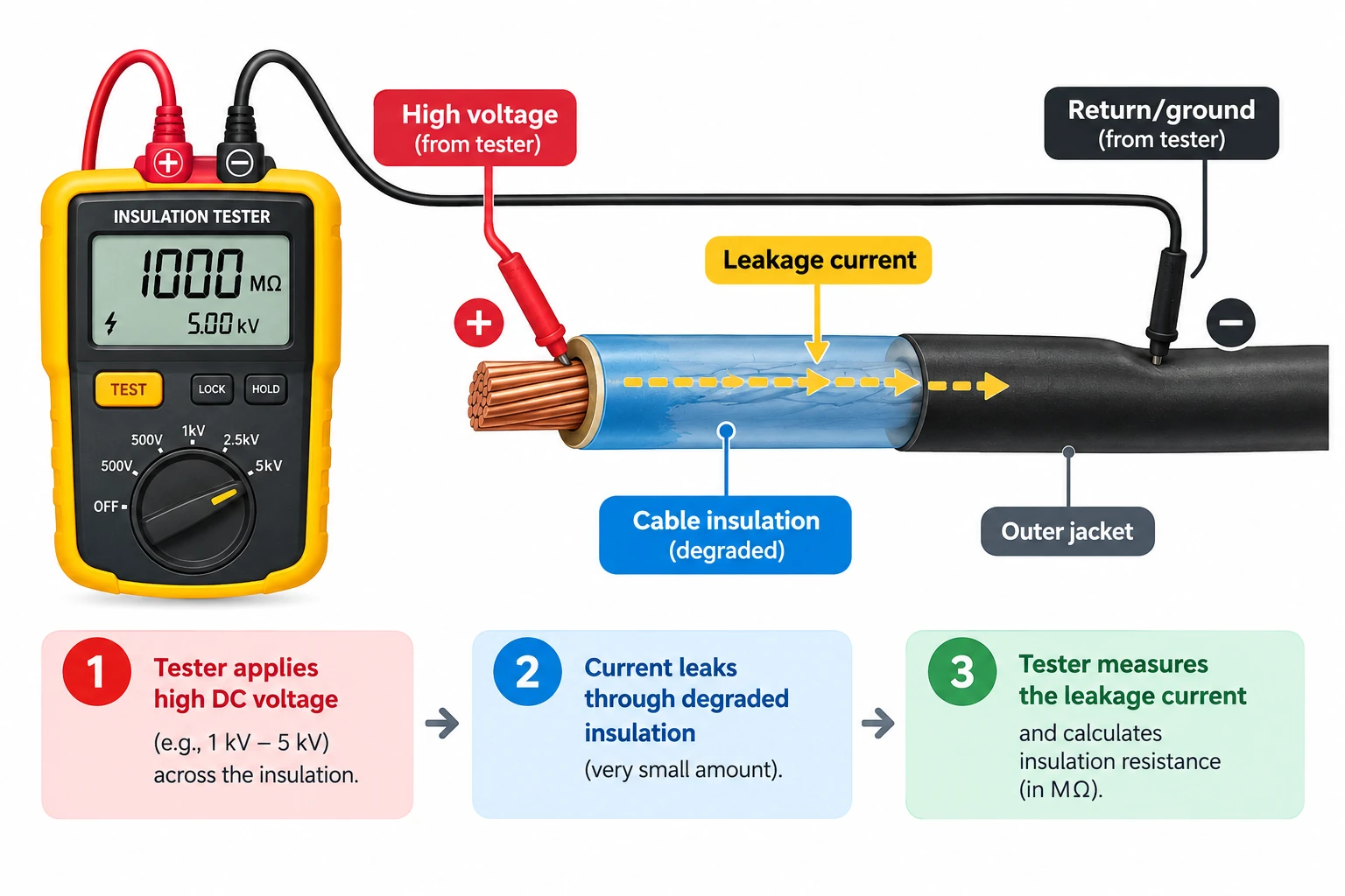 Diagram showing insulation resistance tester applying high voltage and measuring leakage current through cable insulation