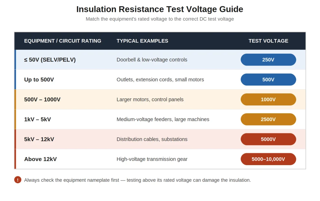Insulation resistance tester voltage selection chart matching equipment rating to recommended test voltage