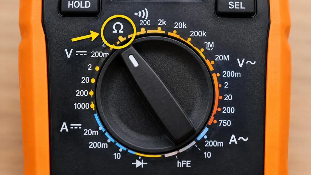 Close-up of multimeter dial showing the ohm symbol for resistance measurement