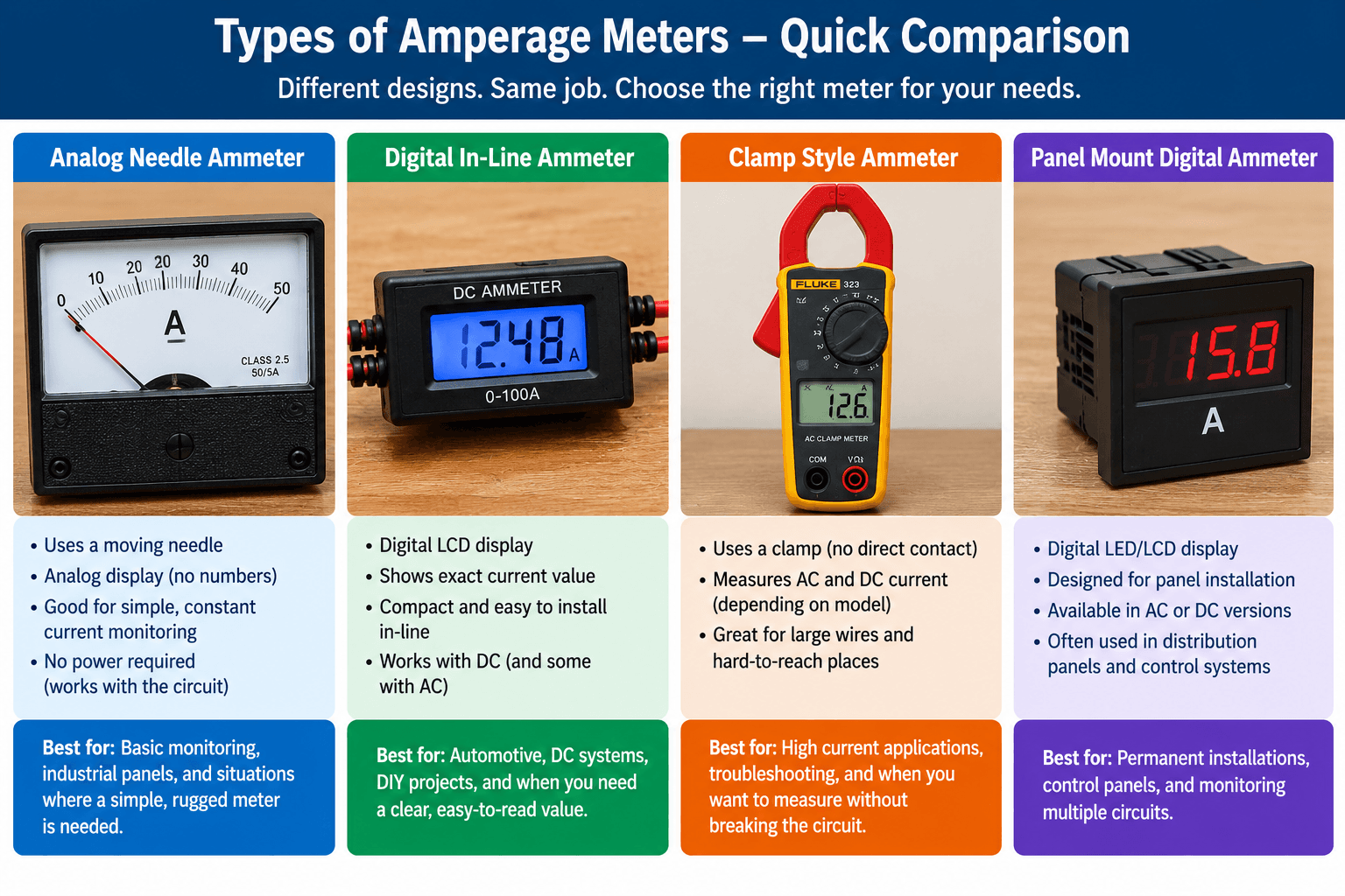 Comparison of analog needle, digital in-line, clamp-style, and panel-mount digital amperage meters