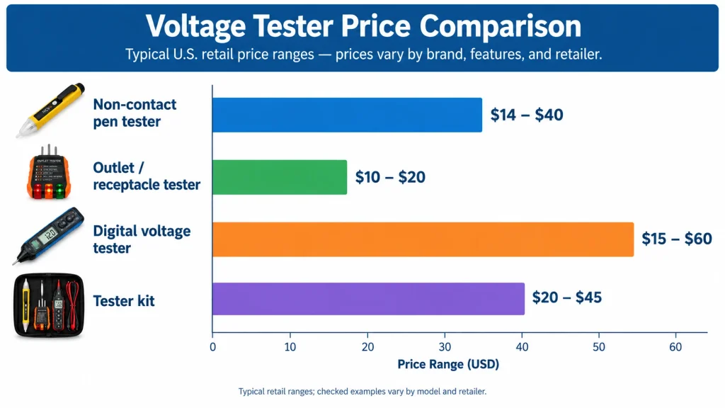 Voltage tester price comparison chart for non-contact pen, outlet, digital voltage, and tester kit types