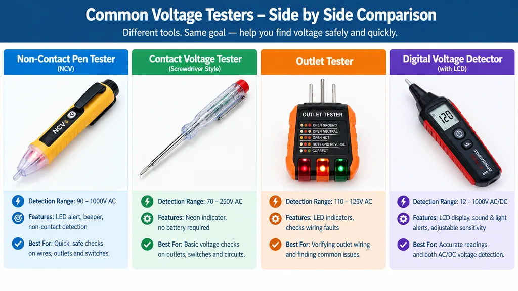 Comparison of voltage tester types including non-contact pen tester, contact voltage tester, outlet tester, and digital voltage detector